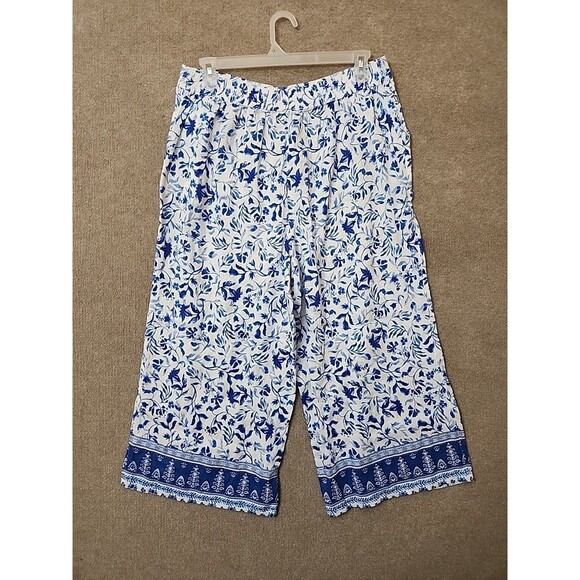 Joie Wide Leg 100% Linen Cropped Pants Womens XL White Blue Floral Pull On NWOT - Picture 4 of 8